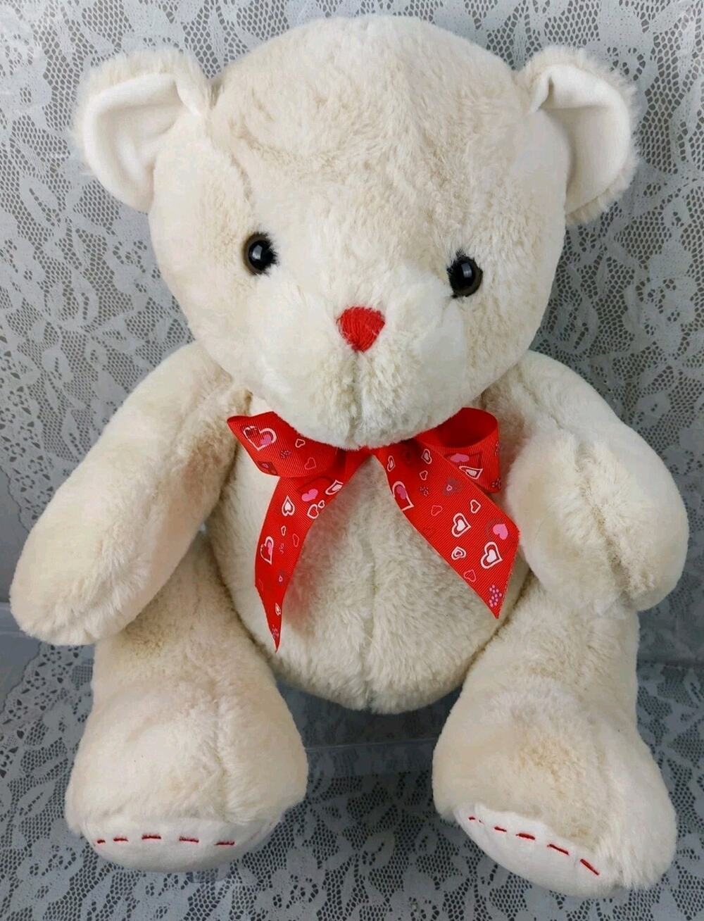 Hug & Luv Teddy Bear Cream Red Heart Ribbon Bow Jointed 22" Plush Stuffed Toy
